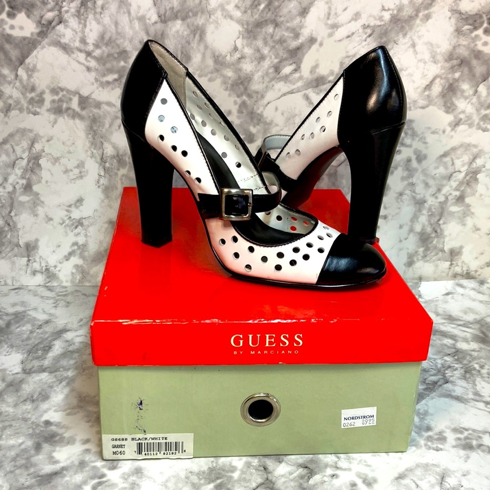 Guess by Marciano Black and White Perforated Mary Jane Heels